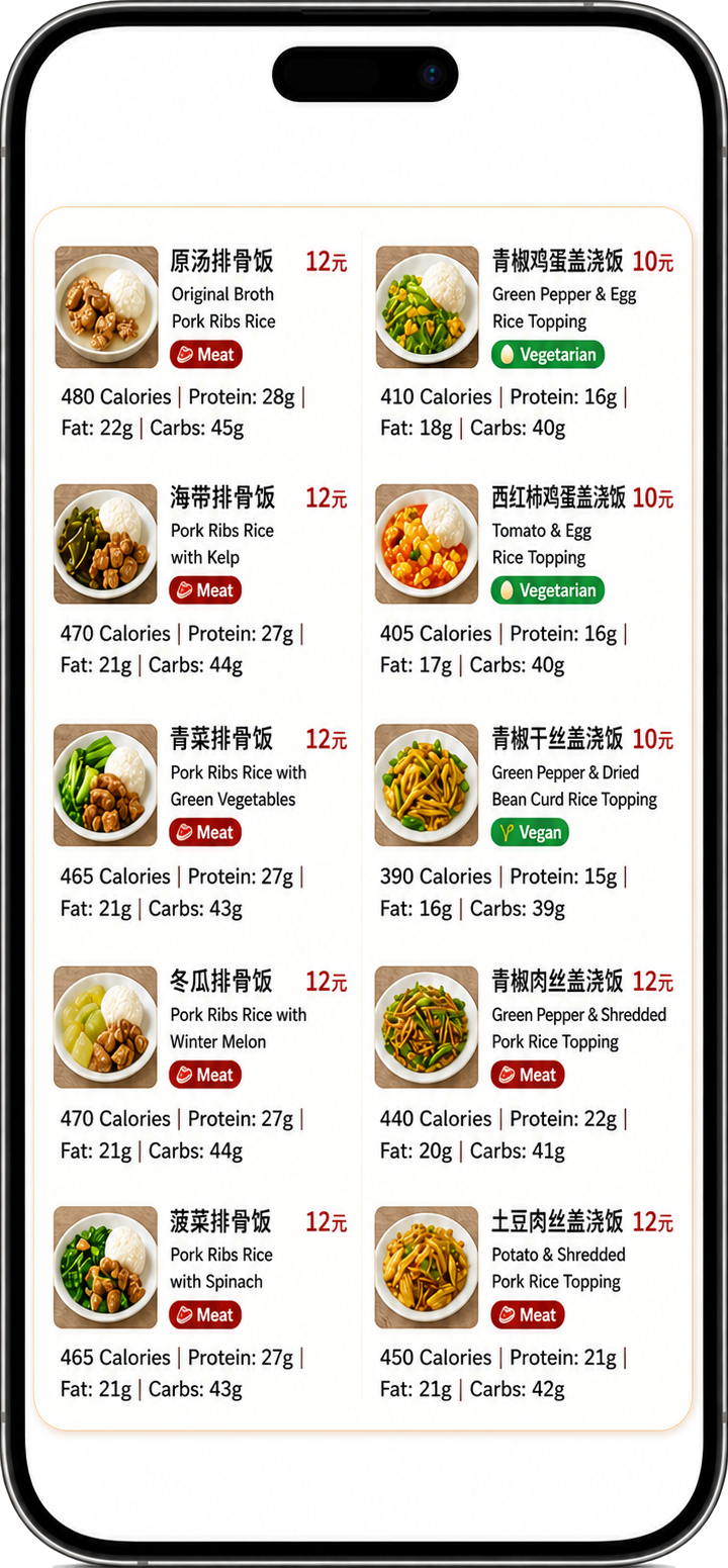 DishPics menu screen showing calories, protein, fat, and carbs for each dish