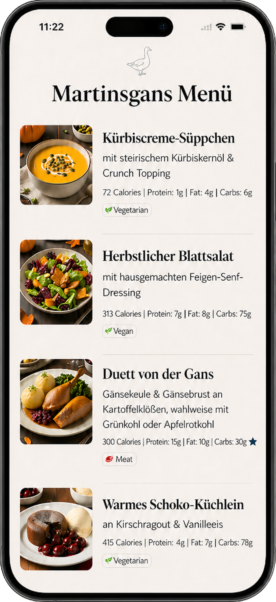 DishPics translated menu screen with dish photos and nutrition details
